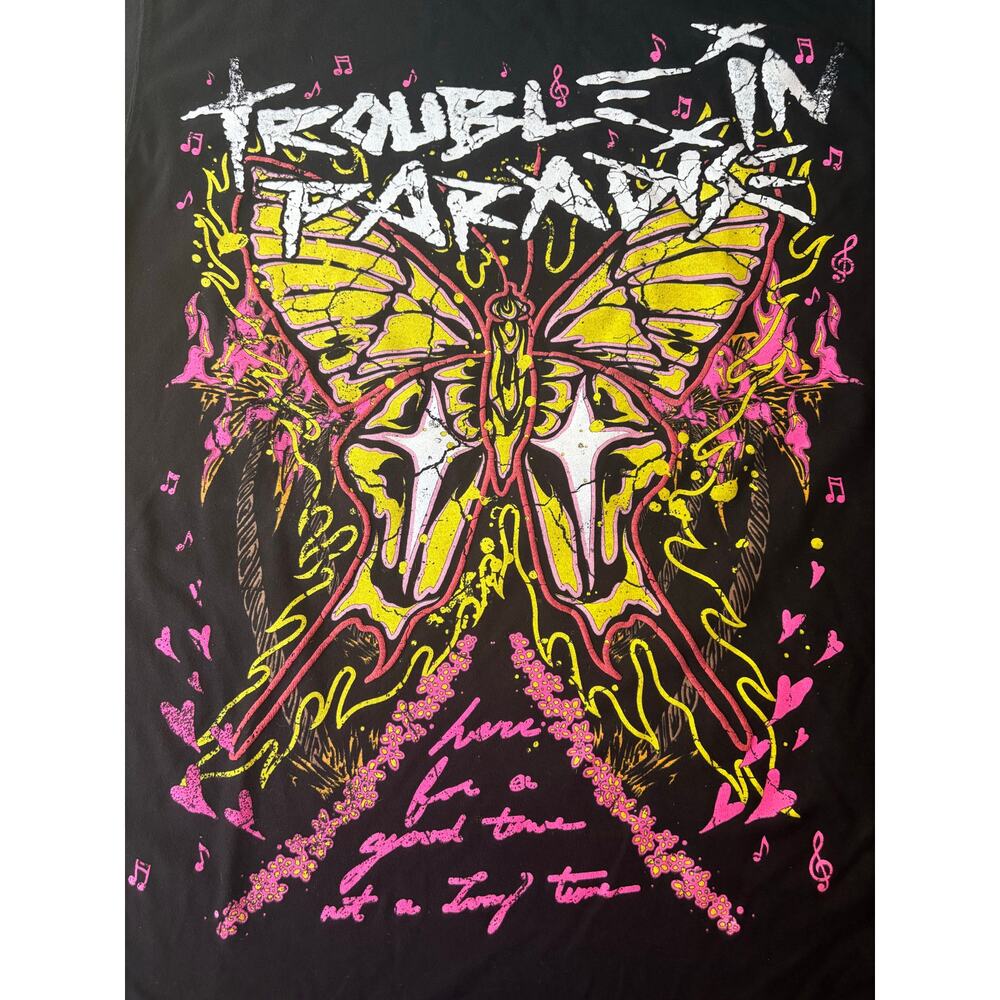 Toxicity Trouble in Paradise Tee Sz S Black Y2K Butterfly Love Hard